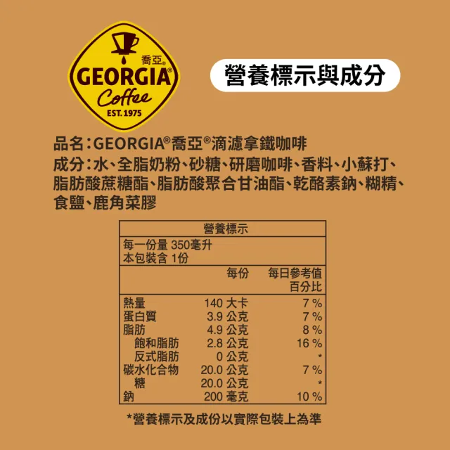 【GEORGIA 喬亞-週期購】(定期配)滴濾咖啡 寶特瓶350ml x24入/箱(無糖黑咖啡/拿鐵)