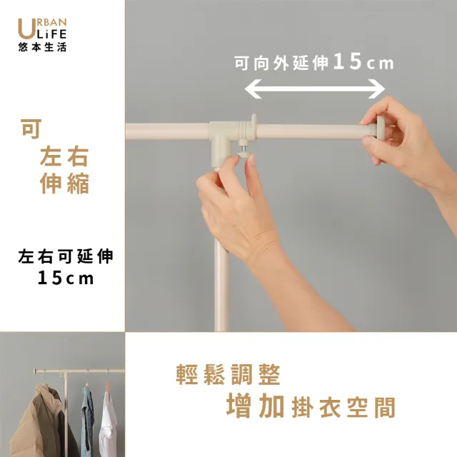 【URBAN LiFE 悠本生活】窄美學左右伸縮單衣架附煞車３個收納盒(曬吊掛收納衣架衣帽架收納籃盒置物架衣櫥)