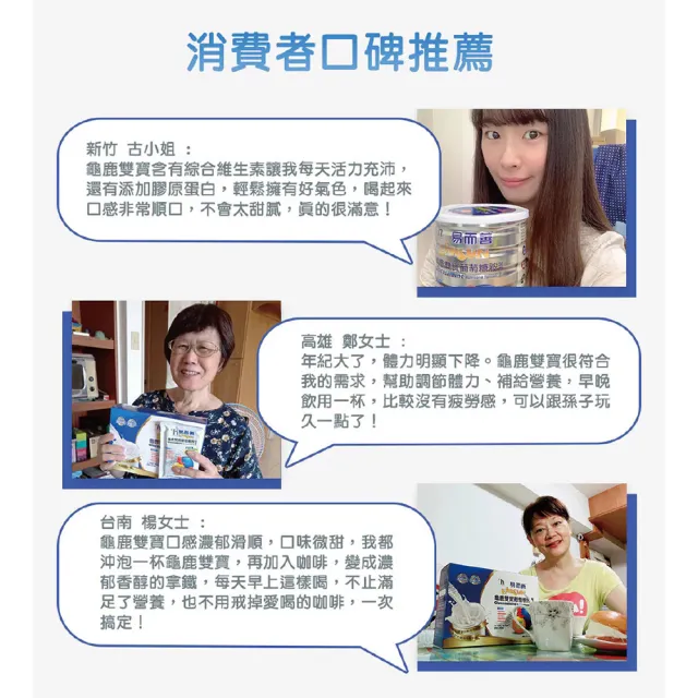 【易而善】運動補給組︱優蛋白奶粉900g+龜鹿雙寶葡萄糖胺營養素奶粉800g︱高纖 高鈣
