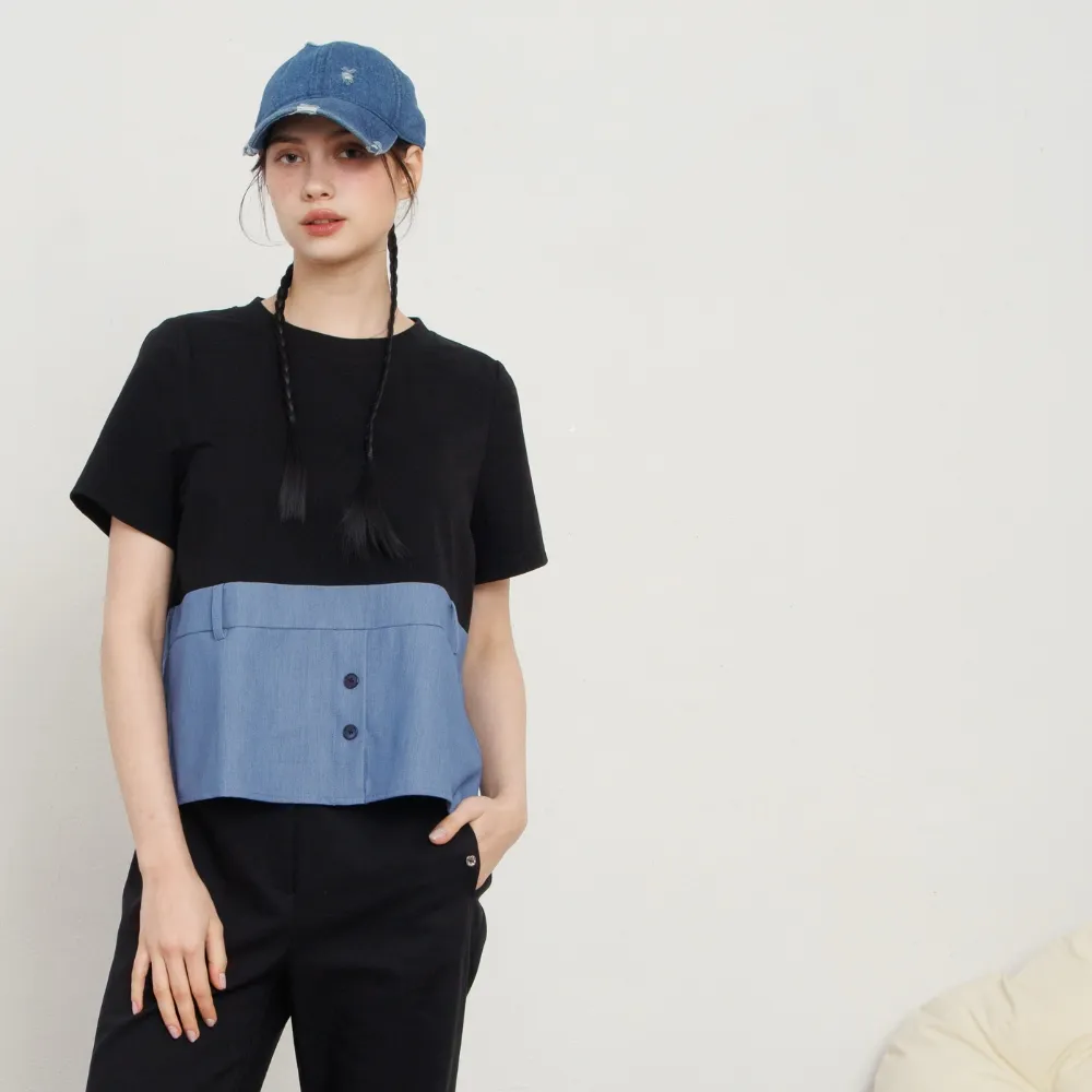 【MASTINA】圓領拼接牛仔下擺短袖T 黑 白(魅力商品)