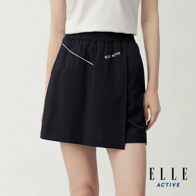 【ELLE ACTIVE】女款 鬆緊腰頭不對稱短裙褲-黑色(EA26S1W2002-99)