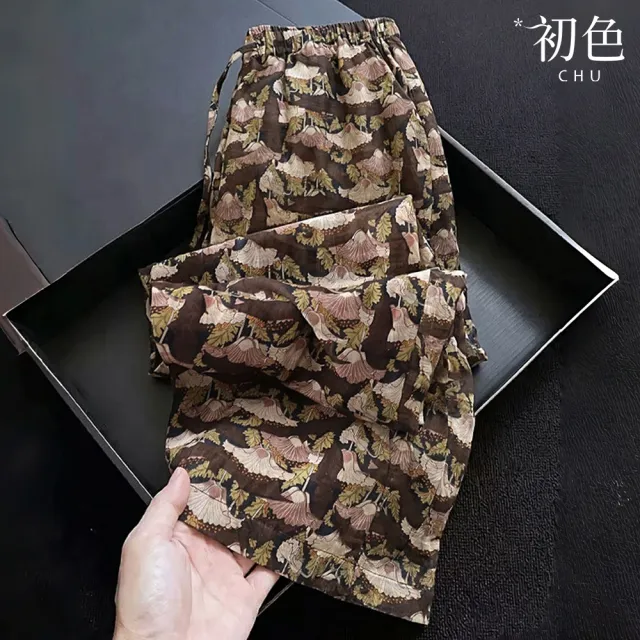 【初色】復古風鬆緊腰抽繩花卉印花闊腿褲休閒褲寬褲長褲-花色-51889(M-2XL可選)