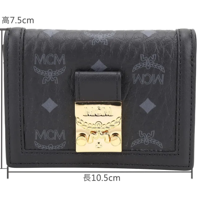 【MCM】Tracy Visetos 經典葉桂葉 押花帆布x納帕皮革 對折釦式卡片夾(黑色)