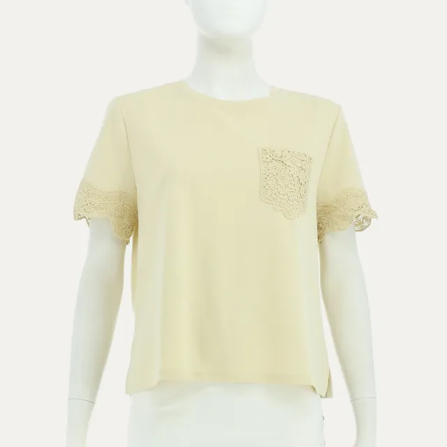 【ILEY 伊蕾】簍空蕾絲棉質短袖上衣(卡其；M-XL；1262511208)