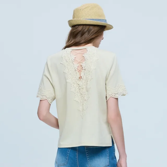 【ILEY 伊蕾】簍空蕾絲棉質短袖上衣(卡其；M-XL；1262511208)