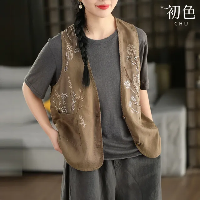 【初色】棉麻風復古寬鬆重工刺繡單排釦貼袋V領無袖馬甲外套女外套-共3色-51807(M-2XL可選)