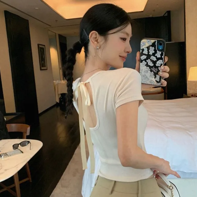 【D.studio】韓版綁帶露背短袖上衣 衣服 夏天女裝 短版上衣 短版t恤 短袖t恤 素T 運動上衣 顯瘦上衣  T710