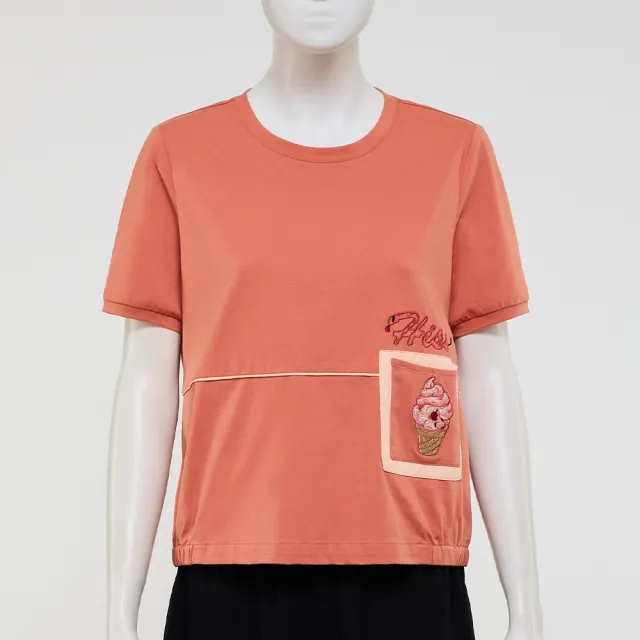 【ILEY 伊蕾】冰淇淋刺繡涼感抑菌棉質上衣(淺桔；M-XL；1251461211)