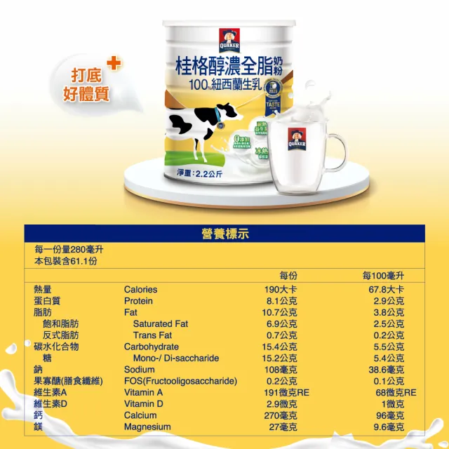 【QUAKER桂格】嚴選醇濃全脂奶粉2200gX2罐