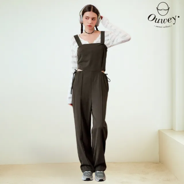 【OUWEY 歐薇】縲縈抽繩長版吊帶連身褲(深咖；S-L；3243327606)