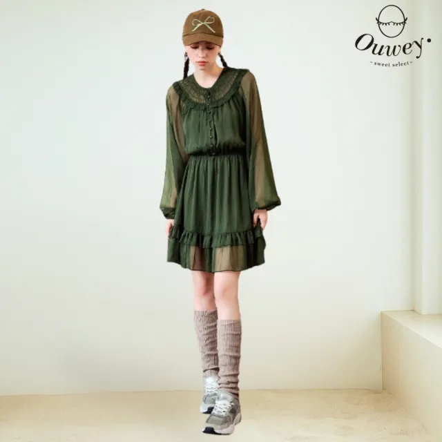 【OUWEY 歐薇】甜美荷葉邊雪紡透膚洋裝(深綠；S-L；3243167011)