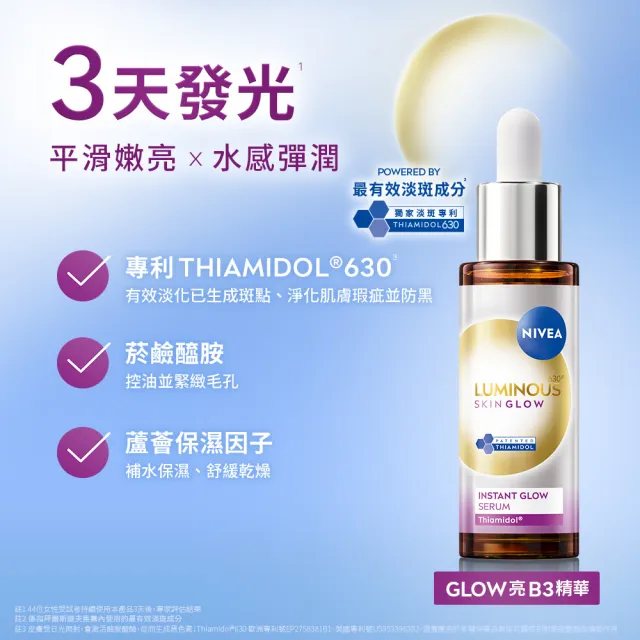 【NIVEA 妮維雅】買1送1★630 GLOW亮B3精華30ml+果酸煥膚水100ml(提安明多630/美白)