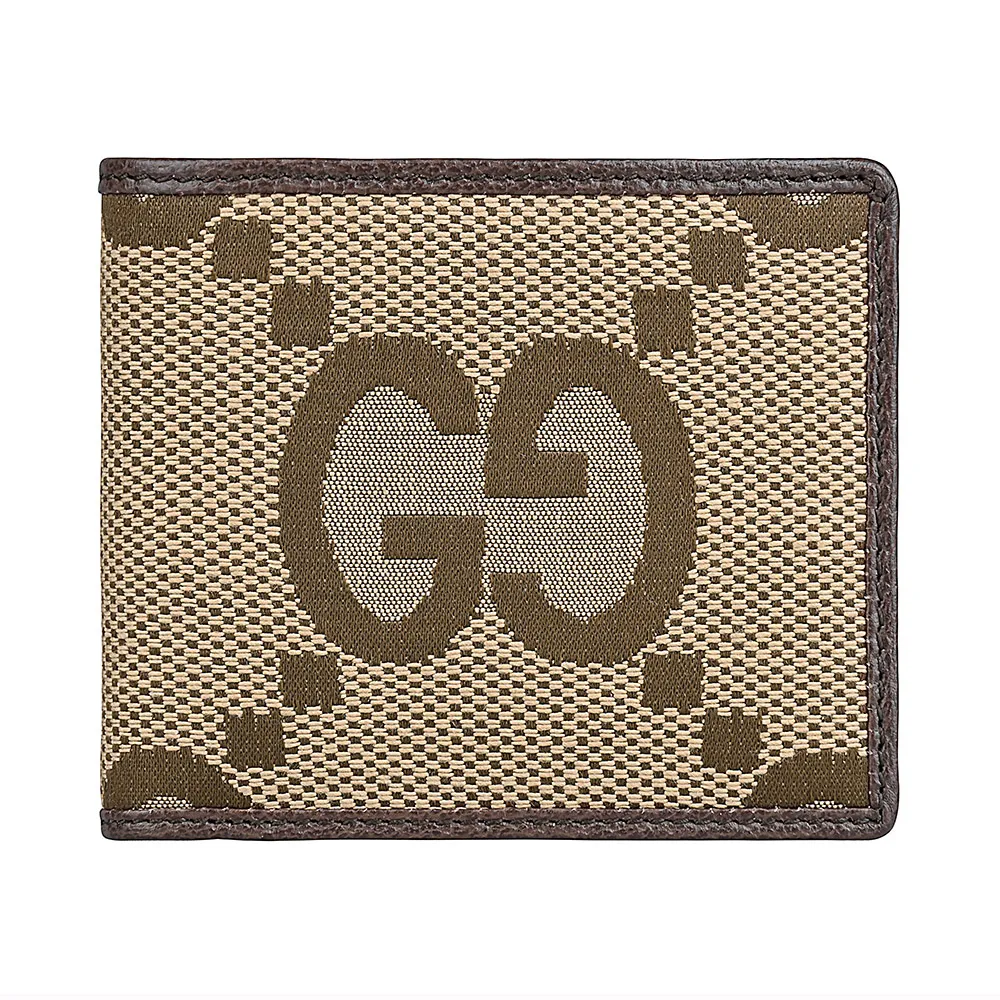 【GUCCI 古馳】GUCCI JUMBO GG 顛倒雙G標誌LOGO設計緹花帆布8卡對折短夾(棕)