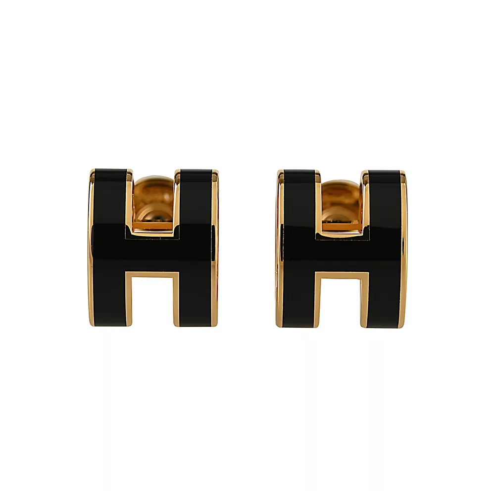 【Hermes 愛馬仕】Hermes MINI POP經典H字母造型針式耳環(黑x金)
