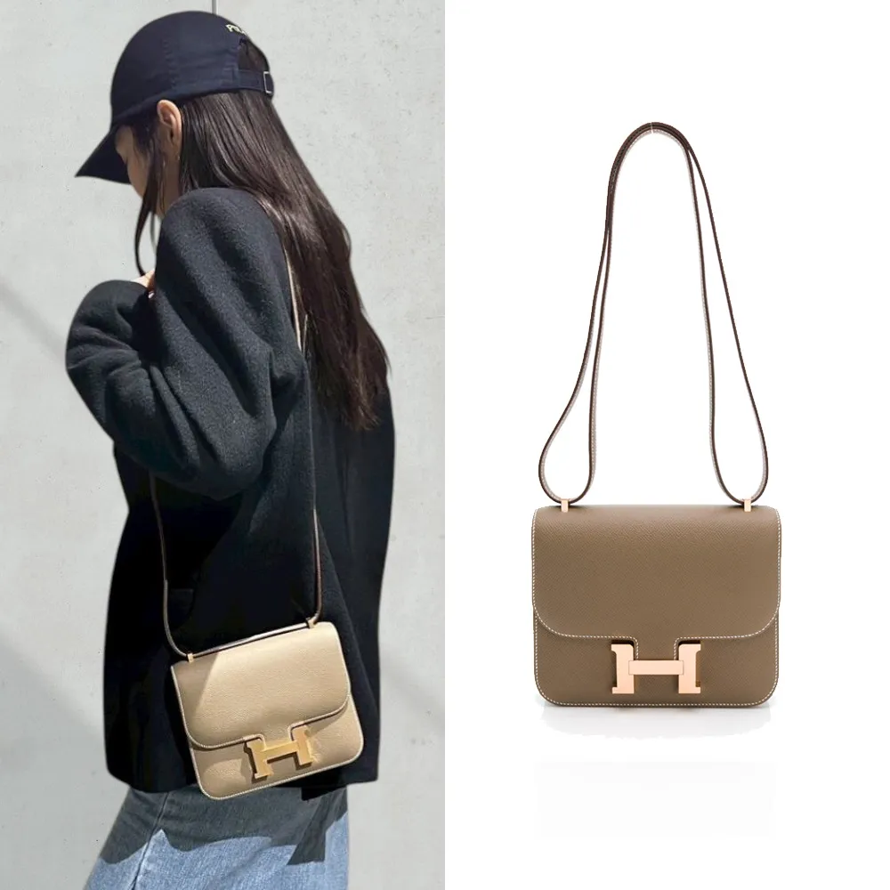 【Hermes 愛馬仕】Mini Constance 牛皮翻蓋斜背包/康康包(大象灰/玫瑰金)