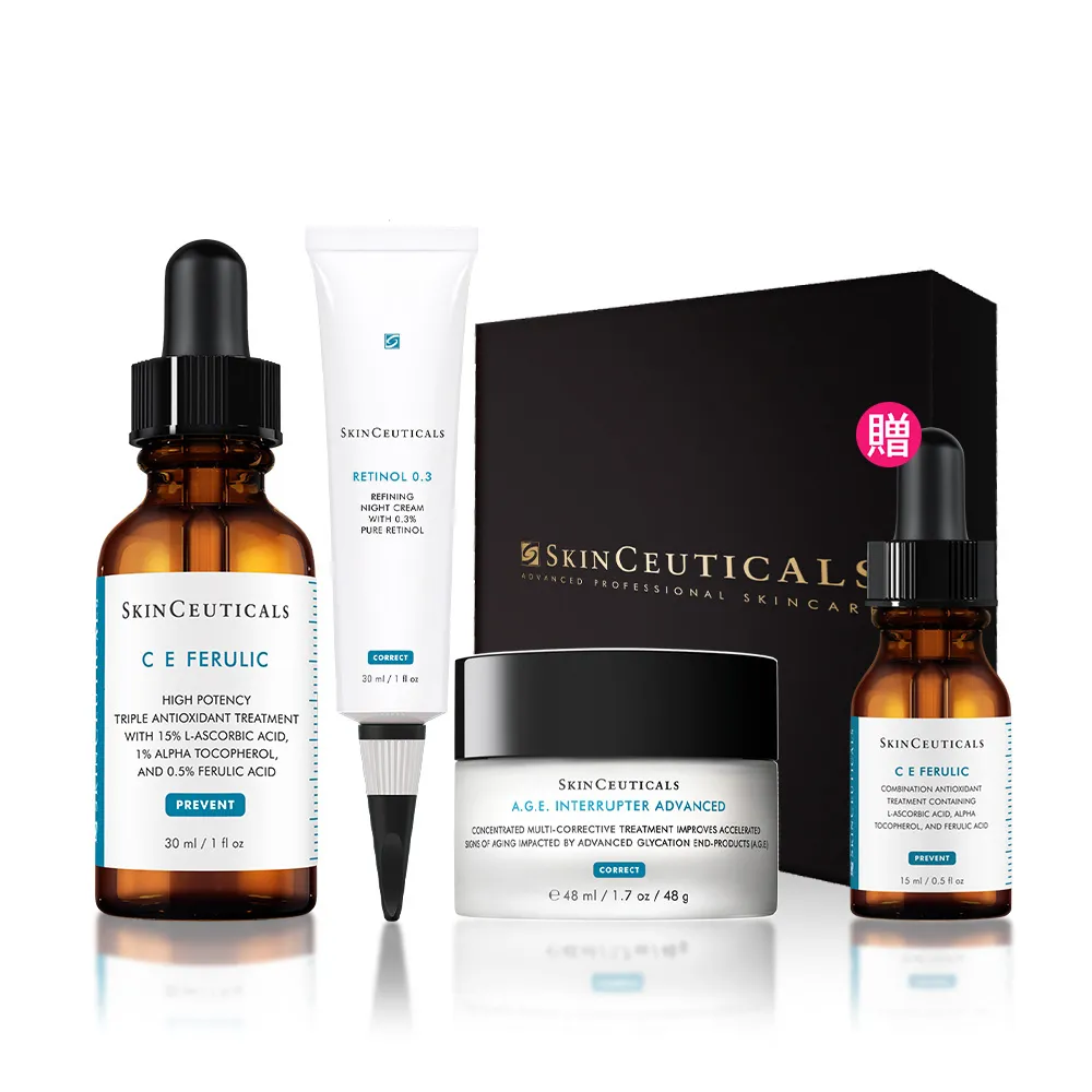 【Skin Ceuticals 修麗可】頂級光采逆齡組★CE抗氧化精華+0.3 A醇抗痕新生精華乳+AGE緊緻霜 禮盒