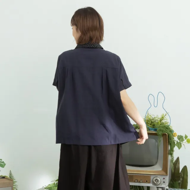 【MOSS CLUB】鵝卵石印花拼接下襬不對稱開襟襯衫 藍 白 咖
