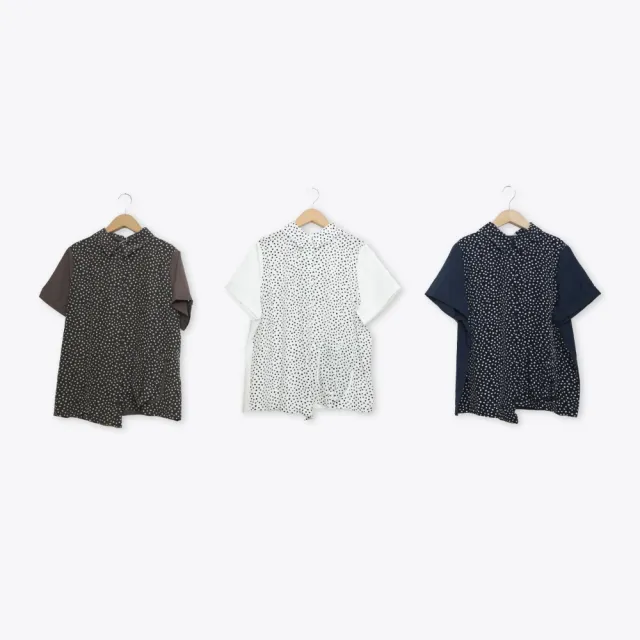 【MOSS CLUB】鵝卵石印花拼接下襬不對稱開襟襯衫 藍 白 咖