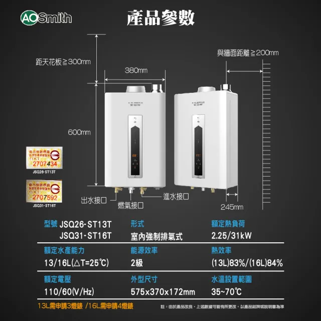 【A.O.Smith】不鏽鋼瓦斯熱水器16L 防CO偵測器(JSQ31-ST16T NG1/FE式 含基本安裝 適用天然氣)