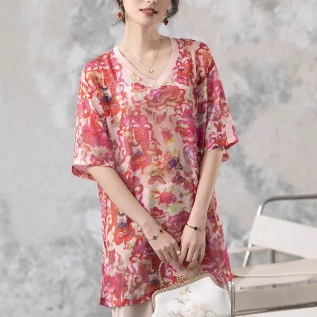 【ALLK 歐楷】新品上架 中長版印花小衫夏季氣質全新中式女裝 尺寸L-XXL/中大尺碼/涼爽/透氣