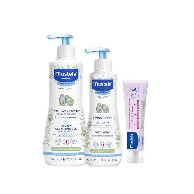【Mustela 慕之恬廊】慕之幼 新手爸媽必備SOP組(雙潔乳500ml＋爽身潤膚乳300ml＋屁屁膏100ml)