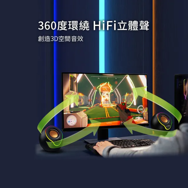 【Abee 快譯通】多媒體燈光桌上型電腦喇叭 (二件式小喇叭音箱/HiFi立體環繞音響/RGB燈效/USB供電)PC-005W