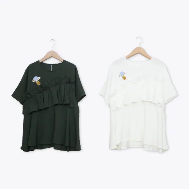 【MOSS CLUB】MOSS兔搬星球刺繡荷葉剪裁圓領上衣 白 綠(魅力商品)