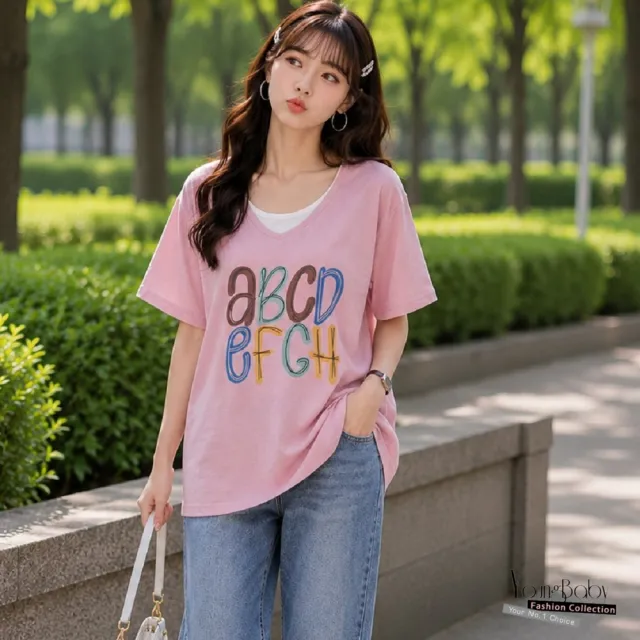 【YOUNGBABY】顯瘦百搭V領字母印花假兩件式T 中大尺碼女裝