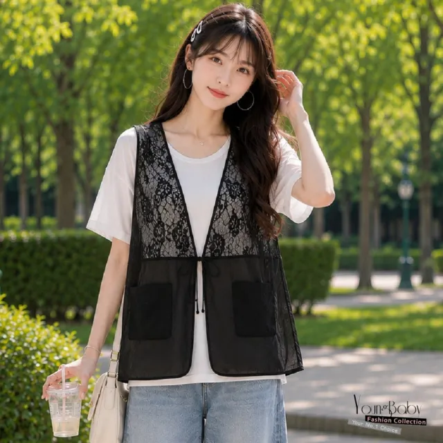 【YOUNGBABY】創新中國風蕾絲V領盤釦罩衫背心 中大尺碼女裝