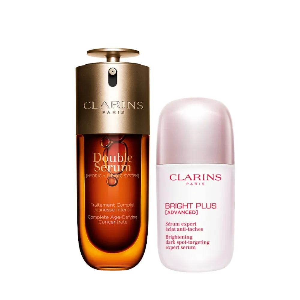 【CLARINS 克蘭詩】黃金雙萃精華50ml+氧氣亮白光感精華50ml(換季穩膚抗老精華液 X 全新美白精華)