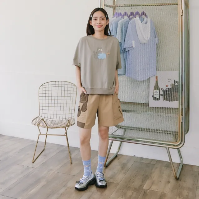 【Dailo】大耳狗口袋色塊拼接工裝短褲 藍 卡 灰