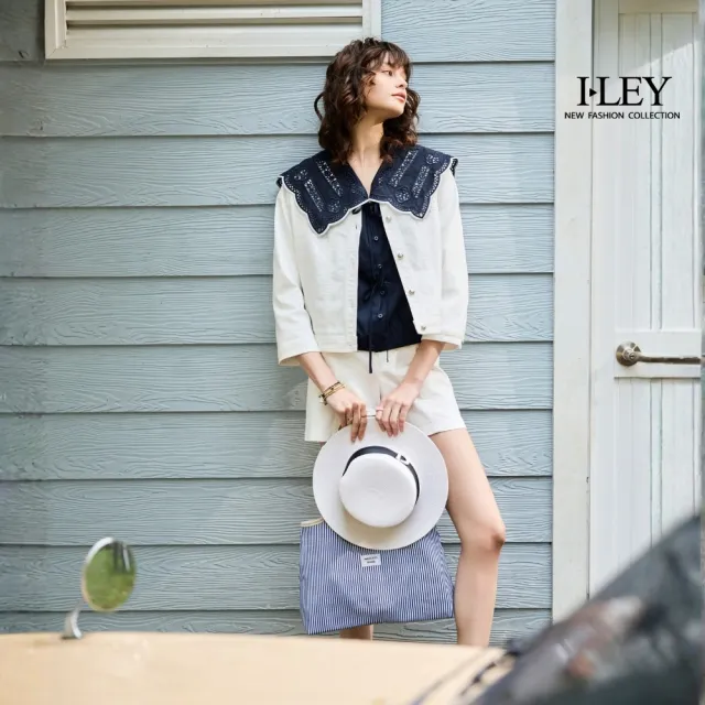 【ILEY 伊蕾】法式甜美蕾絲大翻領短袖襯衫(深藍；M-XL；1262381528)