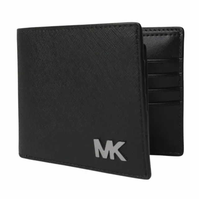 【Michael Kors】金屬MK字母防刮皮革附卡夾短夾(黑)