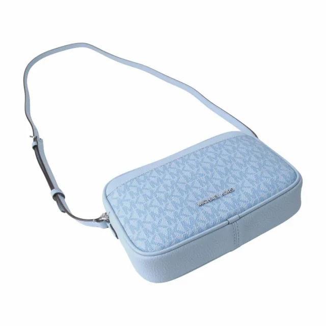 【Michael Kors】銀字MK防刮老花斜背相機包(淺藍)mini