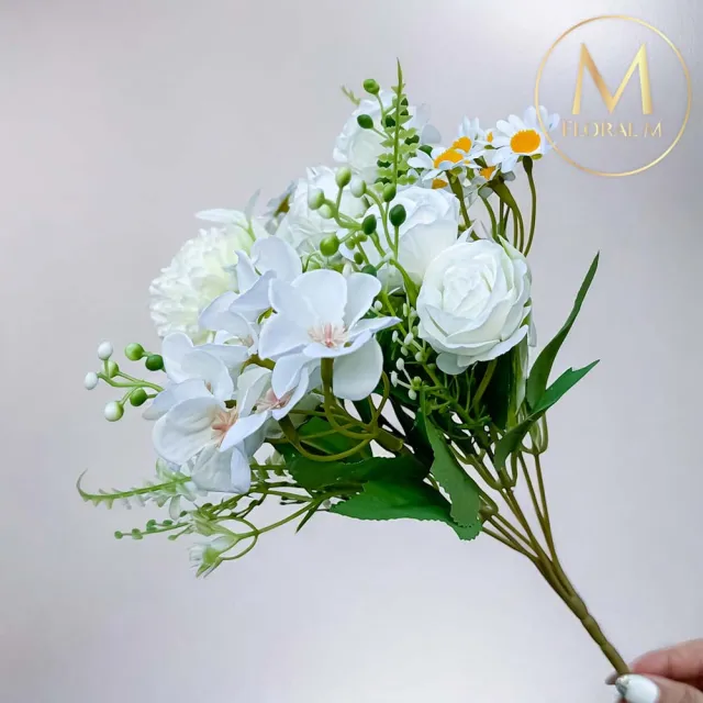 【Floral M】法式小花園玫瑰洋甘菊白色花束仿真花花材1入組(人造花/仿真花/假花/花藝DIY/裝飾花材)