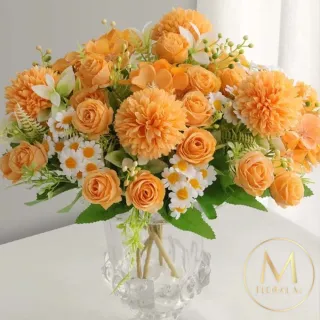 【Floral M】法式小花園玫瑰洋甘菊橘色花束仿真花花材1入組(人造花/仿真花/假花/花藝DIY/裝飾花材)