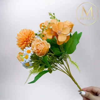 【Floral M】法式小花園玫瑰洋甘菊橘色花束仿真花花材1入組(人造花/仿真花/假花/花藝DIY/裝飾花材)