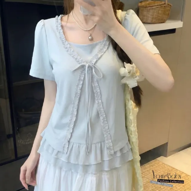 【YOUNGBABY】甜美法式蝴蝶結荷葉上衣 中大尺碼女裝