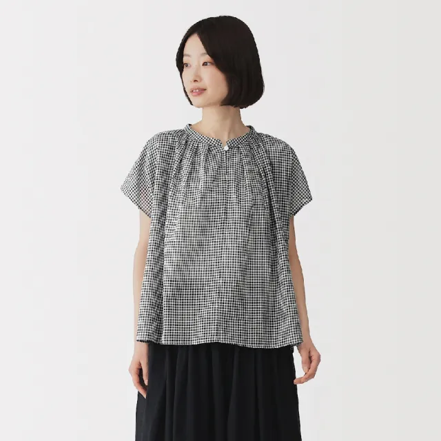 【MUJI 無印良品】女強撚透明感法式袖套衫(黑色/深綠/黑格紋/象牙白格紋)