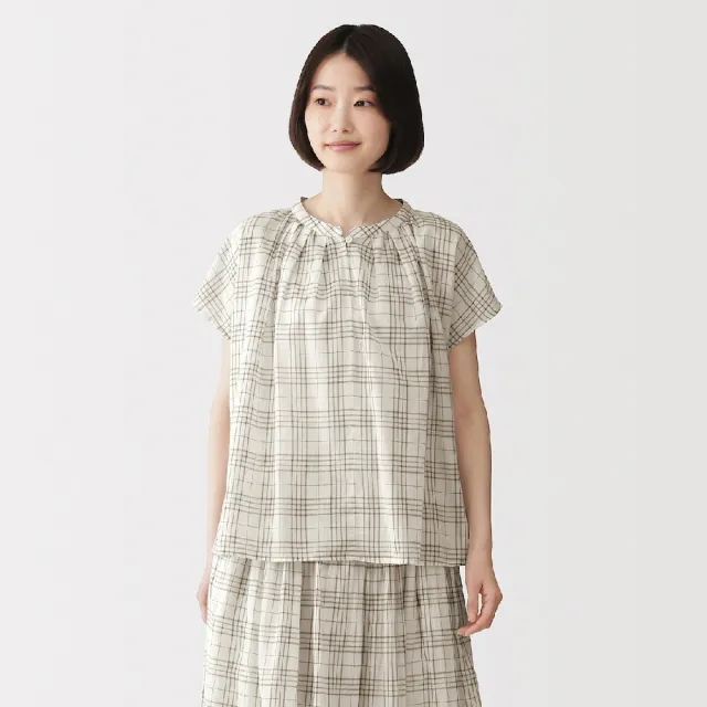 【MUJI 無印良品】女強撚透明感法式袖套衫(黑色/深綠/黑格紋/象牙白格紋)