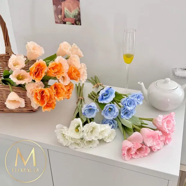 【Floral M】夏日野餐氣息洋桔梗蜜桃粉仿真花花材7入組(人造花/仿真花/假花/花藝DIY/裝飾花材)