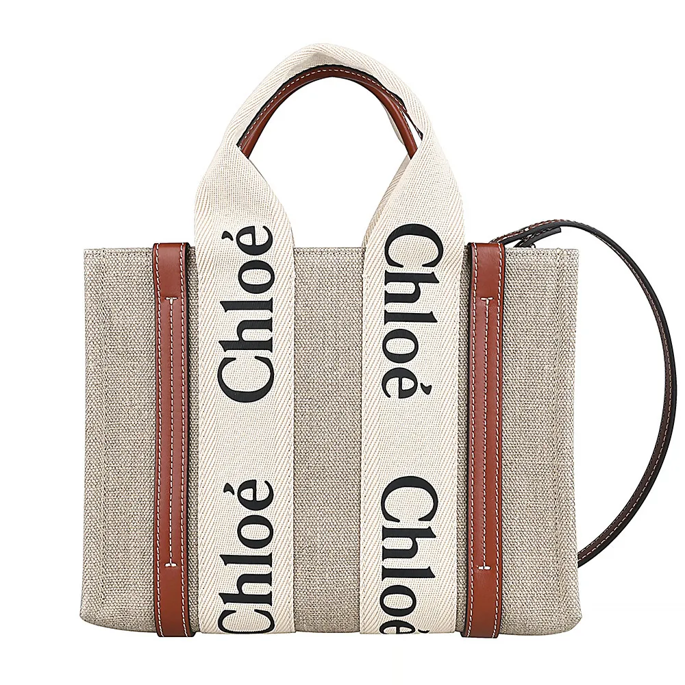 【Chloe’ 蔻依】Chloe Woody經典品牌LOGO設計亞麻帆布小牛皮手提肩背斜背托特包(小/白x棕)