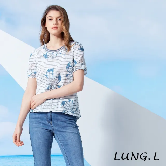 【LUNG.L 林佳樺】LW32A 藍色細條紋花卉印花蕾絲布底短袖女裝上衣