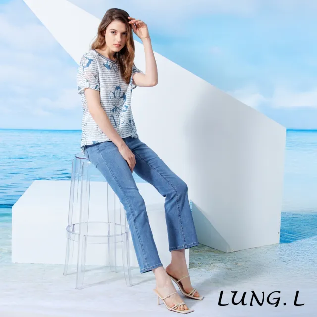 【LUNG.L 林佳樺】LW32A 藍色細條紋花卉印花蕾絲布底短袖女裝上衣