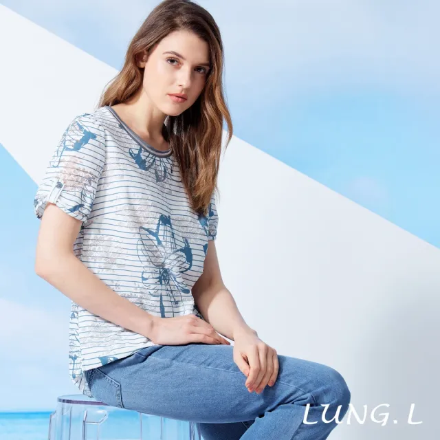 【LUNG.L 林佳樺】LW32A 藍色細條紋花卉印花蕾絲布底短袖女裝上衣