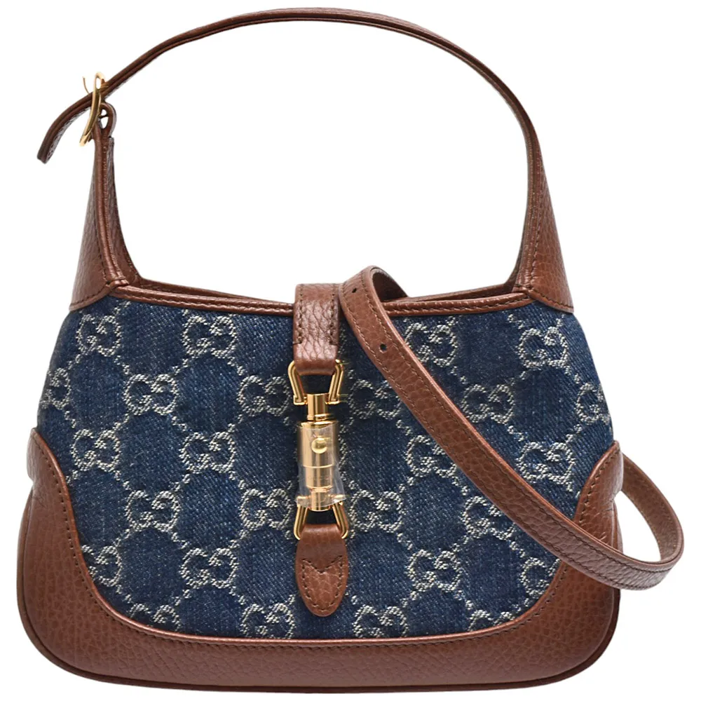 【GUCCI 古馳】經典Jackie 1961 GG牛仔牛皮飾邊手提/斜背包(藍/咖啡色637092-2KQGG-8375)
