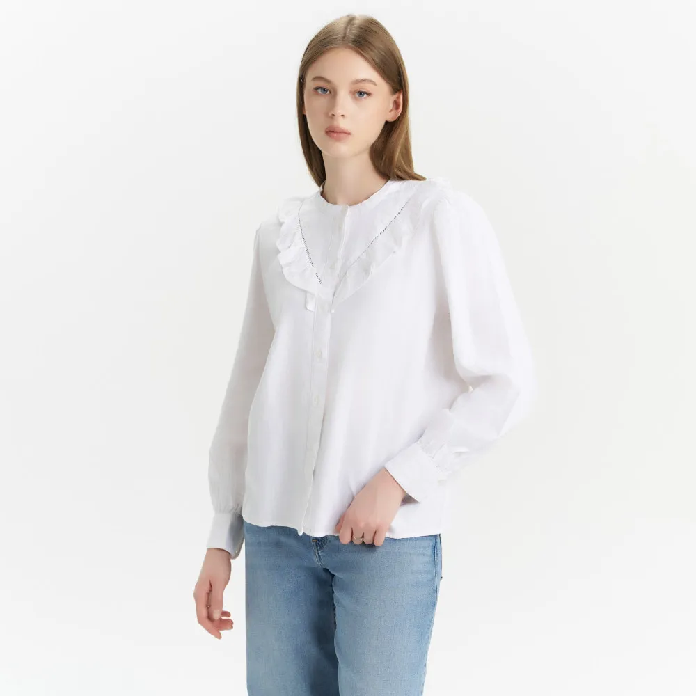 【LEVIS】女款 無領荷葉邊亞麻襯衫 上衣 熱賣單品 A7356-0000