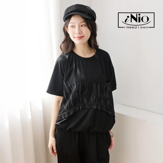 【iNio 衣著美學】異質拼接抽繩短袖上衣 微弧形拼接剪裁 抽繩鬆緊腰圓領棉T  CHW1077