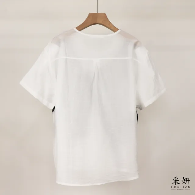 【CHAI YAN 采妍】蕾絲假兩件棉麻短袖上衣(春夏女裝/中大尺碼/專櫃/寬鬆/透氣)