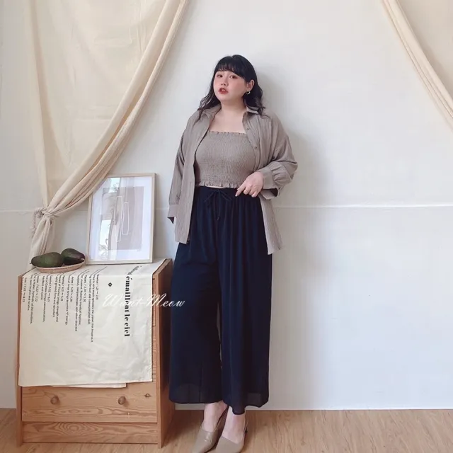 【Want-Meow】110公斤可!涼爽！獨家訂製春夏氣質必備雙層紗綁帶鬆緊腰雪紡寬褲(大碼/大尺碼/加大碼/寬褲)